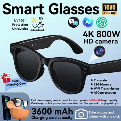 2026 New 8MP Camera Smart AI Glasses 3600mAh Charging Case Power Bank 1080P HD Camera ChatGPT 32GB Translation Video Sunglasses