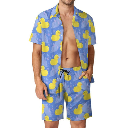 Summer Yellow Rubber Duck 3D Print Men Shirt Sets Short Sleeve Shirt Oversized Beach Shorts Streetwear Hawaiian Suits Clothes