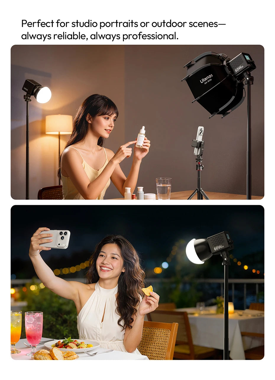 Ulanzi C60 60W COB Video Light Bi-Color Led Light 2500-6500K 3300mAh Mini Bowens Mount for Photography Studio Lighting Live Vlog