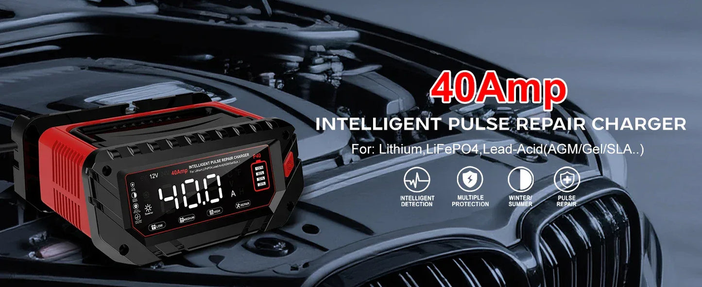 HTRC 40A Car Battery Charger 6V 12V 24V Charger for Lithium LiFePO4 Lead-acid AGM GEL Battery 9-stage Car Motorcycle Charger