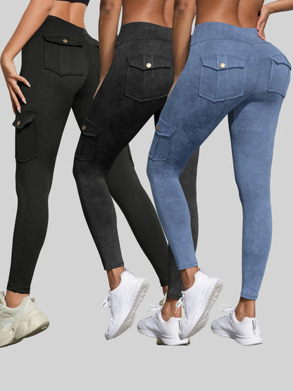 1/3 PCS Washed Print Work Pocket Women Leggings Elastic Butt Lifting Fitness Tights 2025 New Athletic Pants Fashion Streetwear