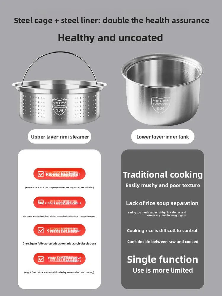 Low sugar rice cooker rice soup separation steaming 2-3L uncoated stainless steel rice cooker timer reservation