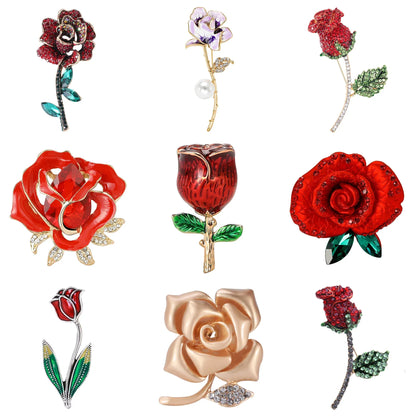 Valentine's Day Enamel Rose Brooches for Women Rhinestone Plant Flower Pins Banquet Party Backpack Gifts Jewelry Accessories