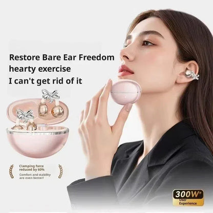 Vivo Clip-on Earbuds Wireless Bluetooth Open Ear Headphones with Detachable Crystal Bowknot Earrings For Sports Fitness Workouts