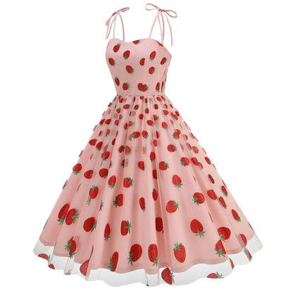 Knot Strap Strawberry Patchwork Vintage Dress 2025 Heart Flocking Valentine's Day Dress Women Birthday Party Pleated Mesh Dress