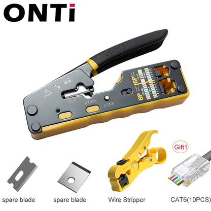 ONTi RJ45 Cat7/6/6A/5E Connector and RJ45 Crimp Tool Pass Through Crimper for 8P8C with Replacement Blade Cable Stripper