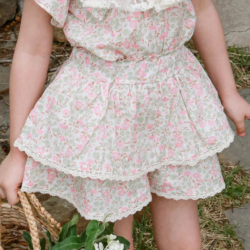 Kids Girls Cute Shirts and Shorts Skirts Outfit Set 2026 Summer New Korea Children Floral Fringed Shirts Skirts Clothes Set