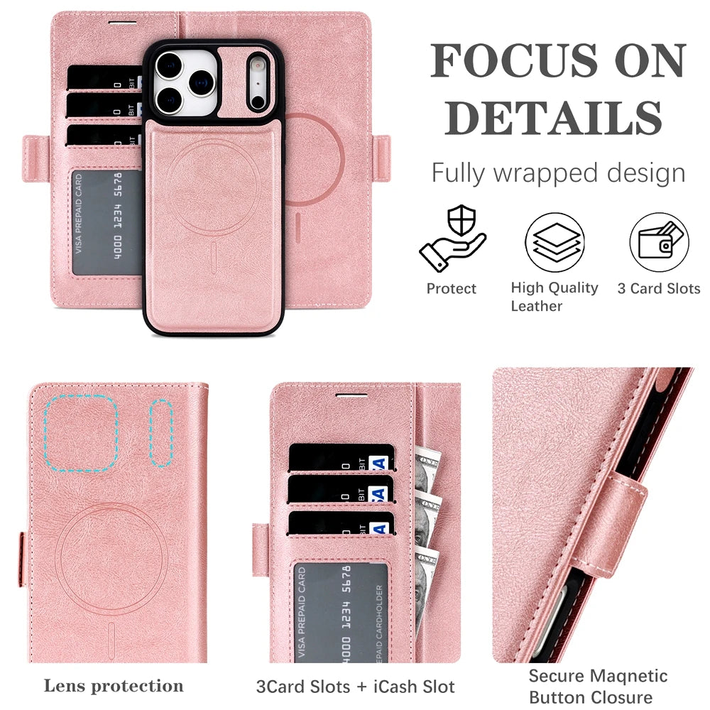 2 in 1 Magsafe Wallet Case For iPhone 17 Promax Air 16 Pro Max 15 Plus 14 13 12 iphone17 Cards Slot Leather Flip Phone Cover