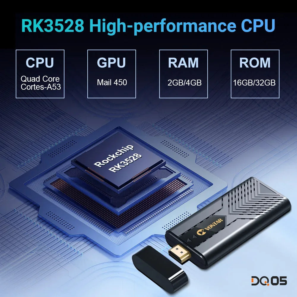 VONTAR DQ05 4G 32G TV Stick Android13 ATV UI Rockchip RK3528 Quad Core 64bit Cortex A53 Support 8K Video 4K 60fps Wifi6 BT5.0