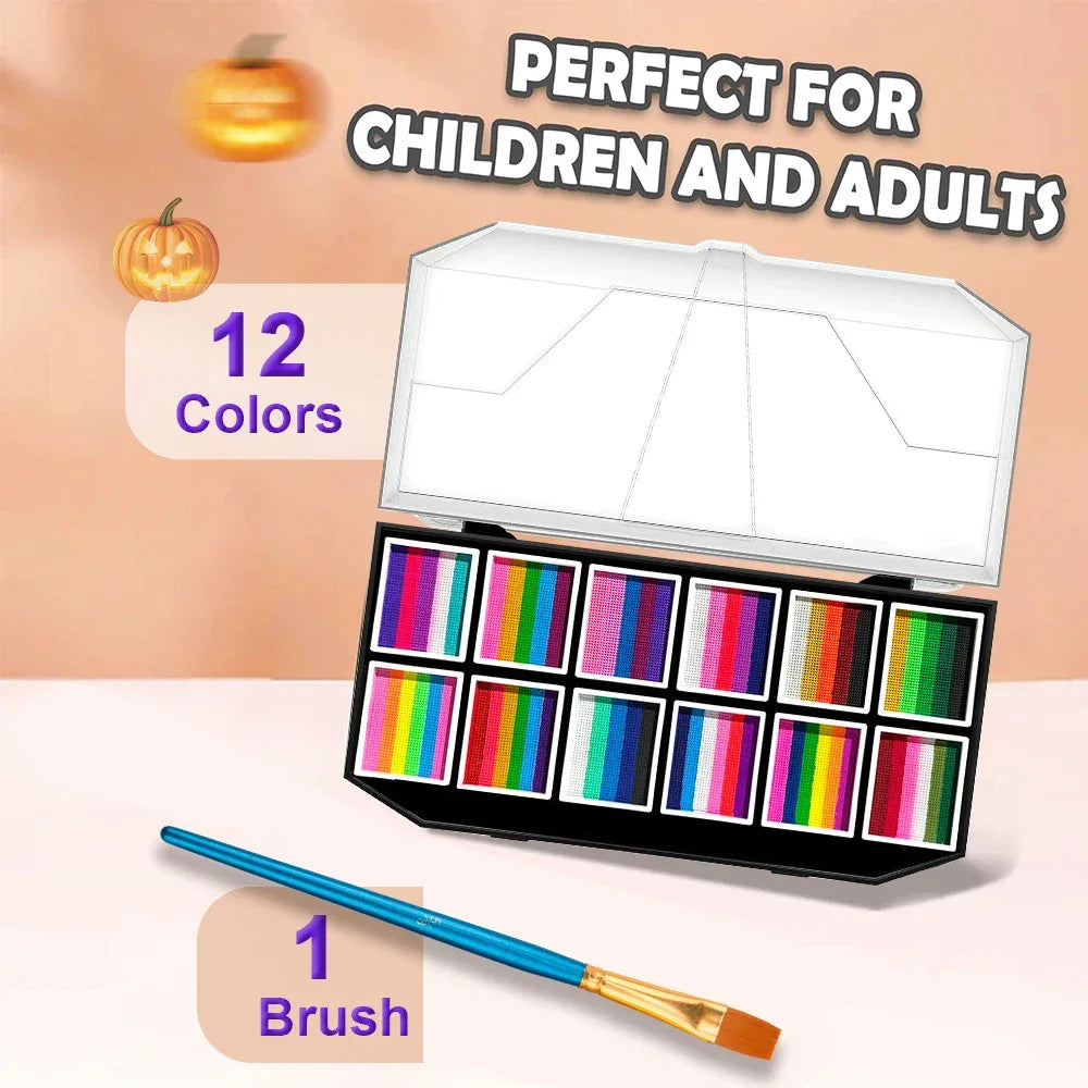 12 Grids Face Body Paint Palette Makeup,Rainbow Split Cake Palette,Water-based Non-Toxic Face Paint For Halloween Festivel Party