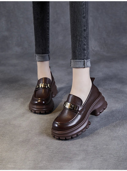 DRKANOL Women Genuine Leather Loafers 2026 Spring Autumn Thick High Heel Chunky Platform Handmade Retro Metal Trend Casual Shoes