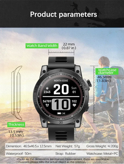 NORTH EDGE New GPS Watches Men Sport Smart Watch HD AMOLED Display 50M ATM Altimeter Barometer Compass Smartwatch for Men