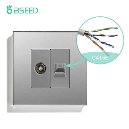 BSEED Single TV CAT5 Internet Socket Double EU Power Socket Triple Germany  With RJ45 Television Wall Sockets Glass Frame