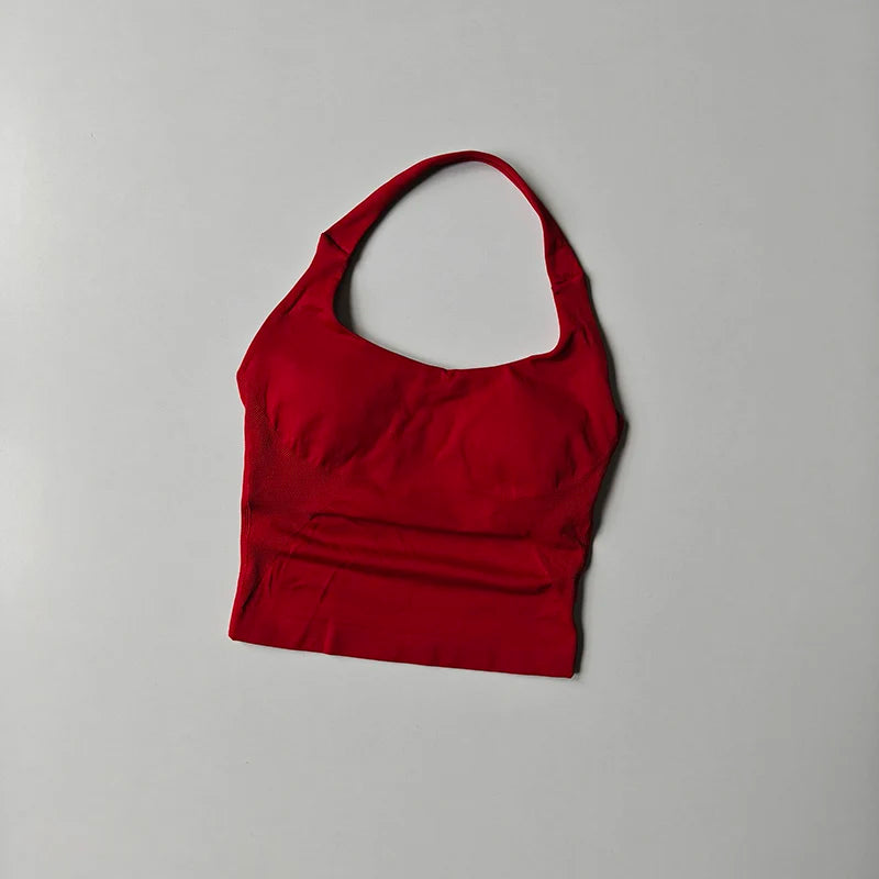 Seamless Halter Neck Yoga Tank Tops for Women Built-in Bra Padded Gym Top Sleeveless Shirt Fitted Backless Workout Clothes