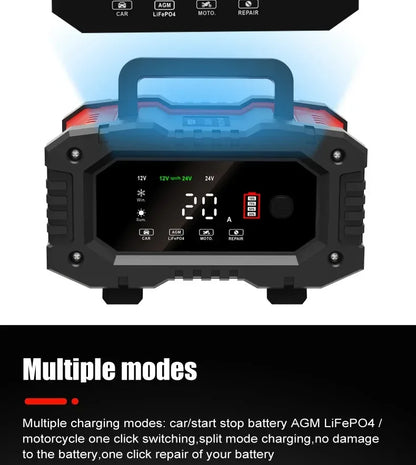 Portable 20A/10A Car Battery Charger 12V 24V Automatic Motorcycle Truck AGM LiFePO4 Lead Acid Start Stop Battery with Repair