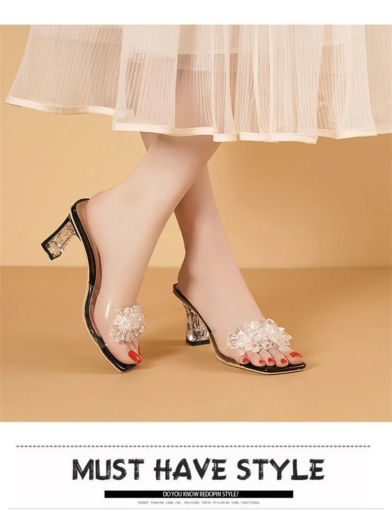 2023 Summer Square Head Open Toe Fashion Transparent Soft Flower Women's Slippers Crystal Heel New High Heel Sandals