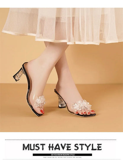 2023 Summer Square Head Open Toe Fashion Transparent Soft Flower Women's Slippers Crystal Heel New High Heel Sandals