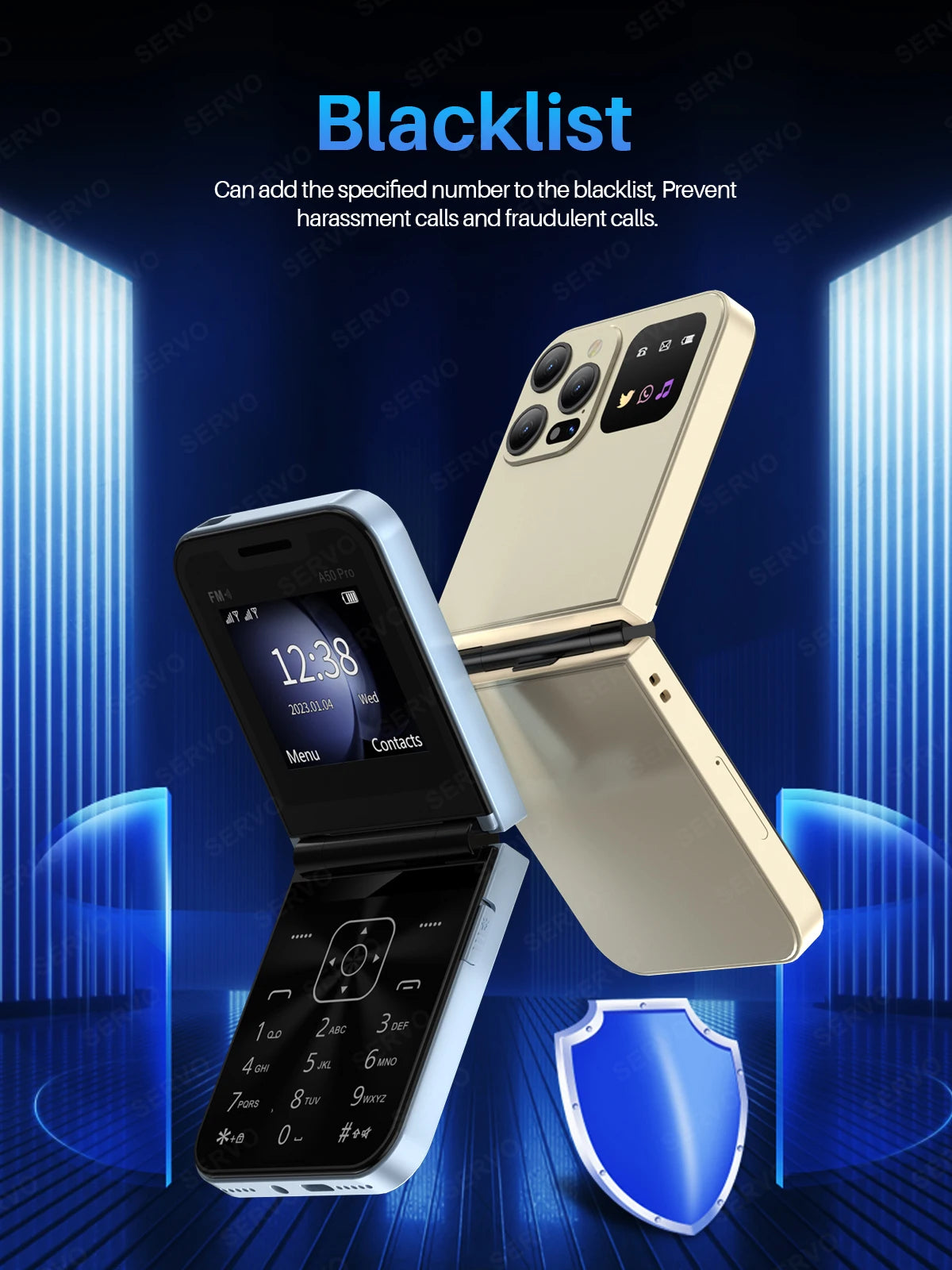 SERVO A50 PRO Flip Mobile Phone 2.4" Display Speed Dial Call Recording Blacklist 2 SIM Unlocked Foldable Cellphones New Version