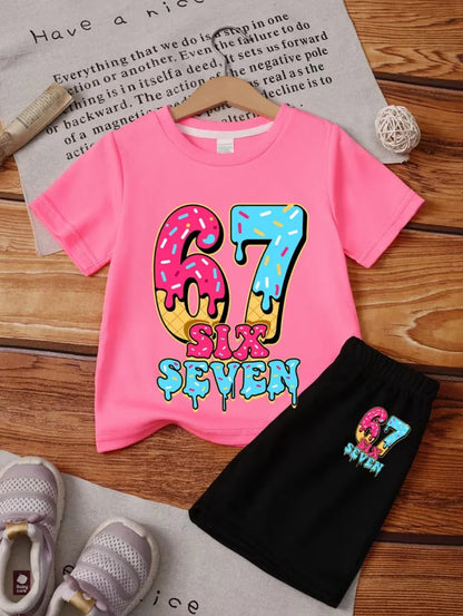 67 Six Seven Girls Clothes Cute Bows Flowers Print Girls Short Sleeve T-Shirt + Pants Set Casual Fashion Children's Clothes Tops