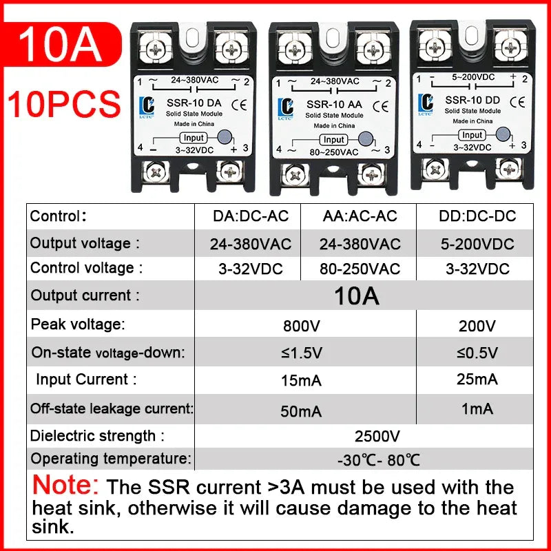 LCTC 10PCS SSR 10A 25A 40A 50A 60A 80A 100A Solid State Relay DC To AC AC To AC DC To DC Single Phase Control Relay