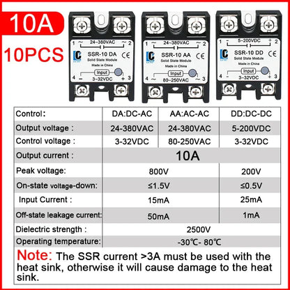 LCTC 10PCS SSR 10A 25A 40A 50A 60A 80A 100A Solid State Relay DC To AC AC To AC DC To DC Single Phase Control Relay