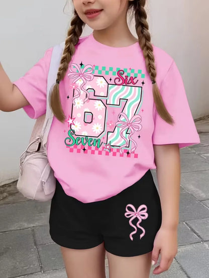 67 Six Seven Girls Clothes Cute Bows Flowers Print Girls Short Sleeve T-Shirt + Pants Set Casual Fashion Children's Clothes Tops
