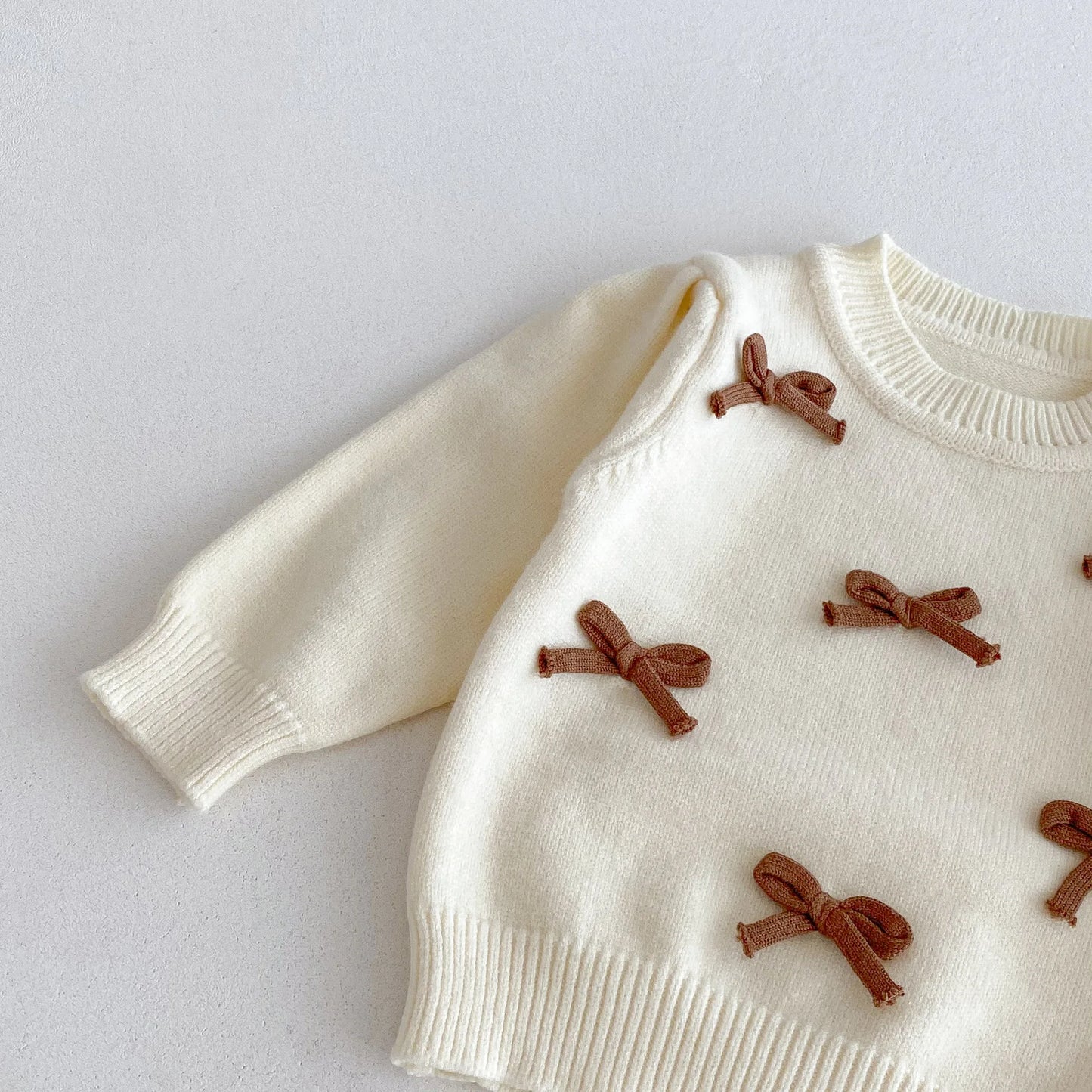 Baby Girl 3-Piece Knitted Outfit Set  Autumn Cute Bowknot Cream Sweater + Brown Ruffle Flared Pants + Mini Bag Girls Clothing