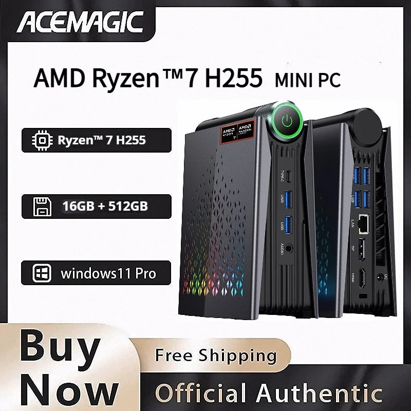 ACEMAGIC Mini PC AMD Ryzen 7 H255 Mini PC Computer 16GB RAM 512GB SSD WIFI 6 BT5.2 with RGB Lights 4K Triple Windows 11 Pro