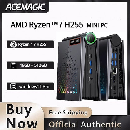 ACEMAGIC Mini PC AMD Ryzen 7 H255 Mini PC Computer 16GB RAM 512GB SSD WIFI 6 BT5.2 with RGB Lights 4K Triple Windows 11 Pro