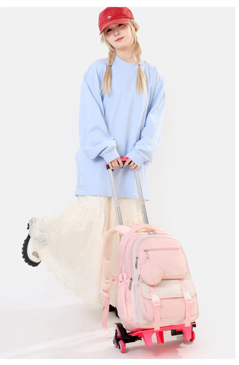 Children School Backpack Trolley Bag with Wheels Students Backpack Book Bag Rolling School bag for Girls Kids Wheeled Backpack