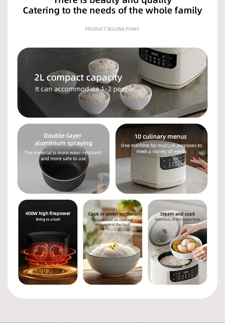 DIVEDEER 2L Electric Rice Cooker Non-stick Pot Smart Features Reservation Keep Warm Functions Perfect for 1-2 Person Households