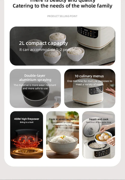 DIVEDEER 2L Electric Rice Cooker Non-stick Pot Smart Features Reservation Keep Warm Functions Perfect for 1-2 Person Households