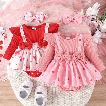 2PCS  Spring And Autumn New Style For Girls 0-1 Years Old Sweet And Comfortable Pit Strip Long-Sleeved False Straps Hat Dress