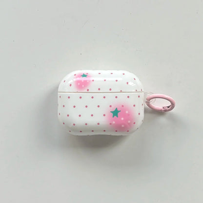 Full-Screen Pink Polka Dot Strawberry Pattern Glossy White Earphone Case with Pink Ring Cover for AirPods 1 2 3 4 Pro 2 Pro 3