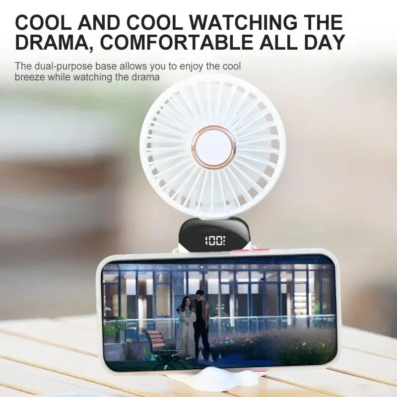 2026 New Handheld Mini Fan Foldable Neck Hanging Fans 5 Speed USB Rechargeable Fan with Phone Stand and Display Screen 1800mAh