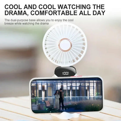 2026 New Handheld Mini Fan Foldable Neck Hanging Fans 5 Speed USB Rechargeable Fan with Phone Stand and Display Screen 1800mAh