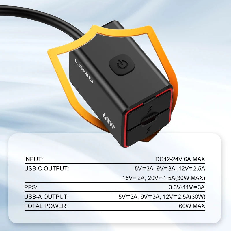 LDNIO Motorcycle USB C Fast Charger PD+QC3.0 60W Waterproof Socket Type C Cell Phone 12V/24V Vehicle-Mounted Charger Adapter