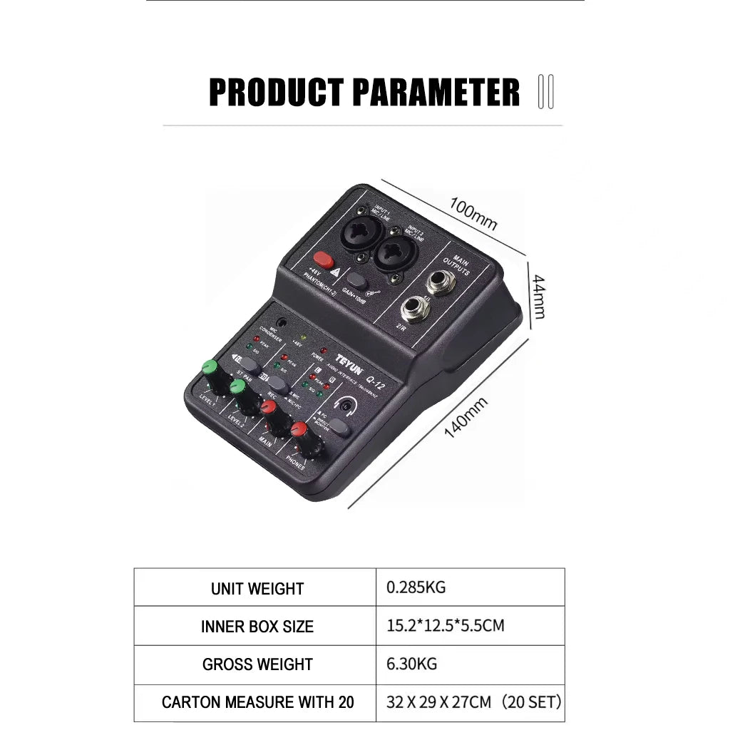 2 Channels Professional portable Audio Interface sound card console mini USB MIXER for Guitar Recording Studio Singing Q12