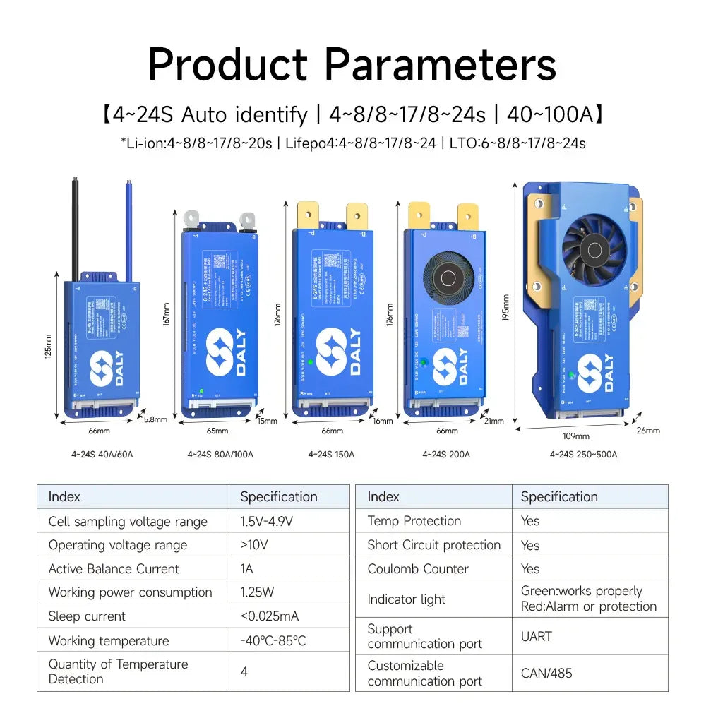 Daly BMS WiFi Active BMS 250 amperios for Lifepo4 4S 8S 24S 100A 150A 200A 500A Active Balance 1A Built-in BT 7S 24V 12V 48V