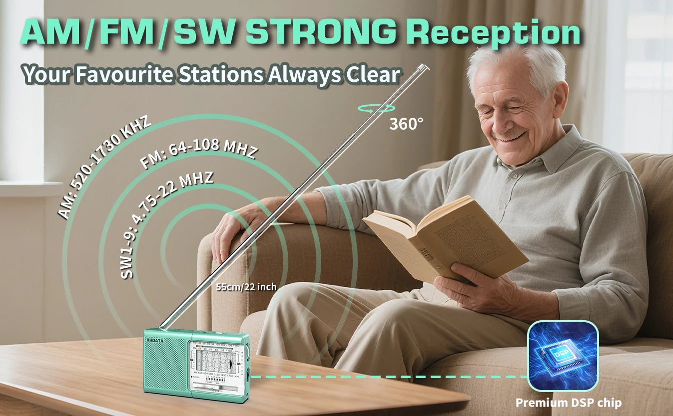 XHDATA D219 Portable Radio AM FM MW Shortwave Worldband Receiver DSP High Sensitivity 1kHz Fine Tuning Radio AA Battery Powered