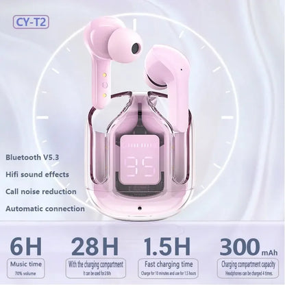 Bluetooth 5.3 Wireless Headset Transparent Headphones LED Power Digital Display Stereo Sound Earphones for Sports Working