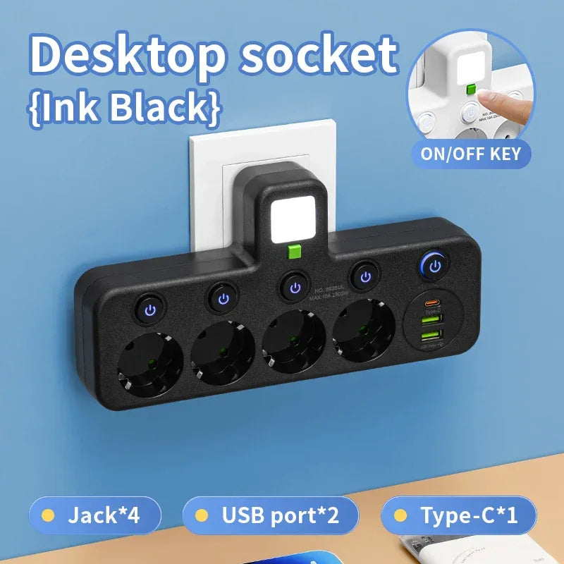 EU Plug Power Strip with 3 AC Outlets +2 USB Ports+ 1 Type C, 6-in-1 Plug Socket Adapter Wireless Wall Charger for Home Office