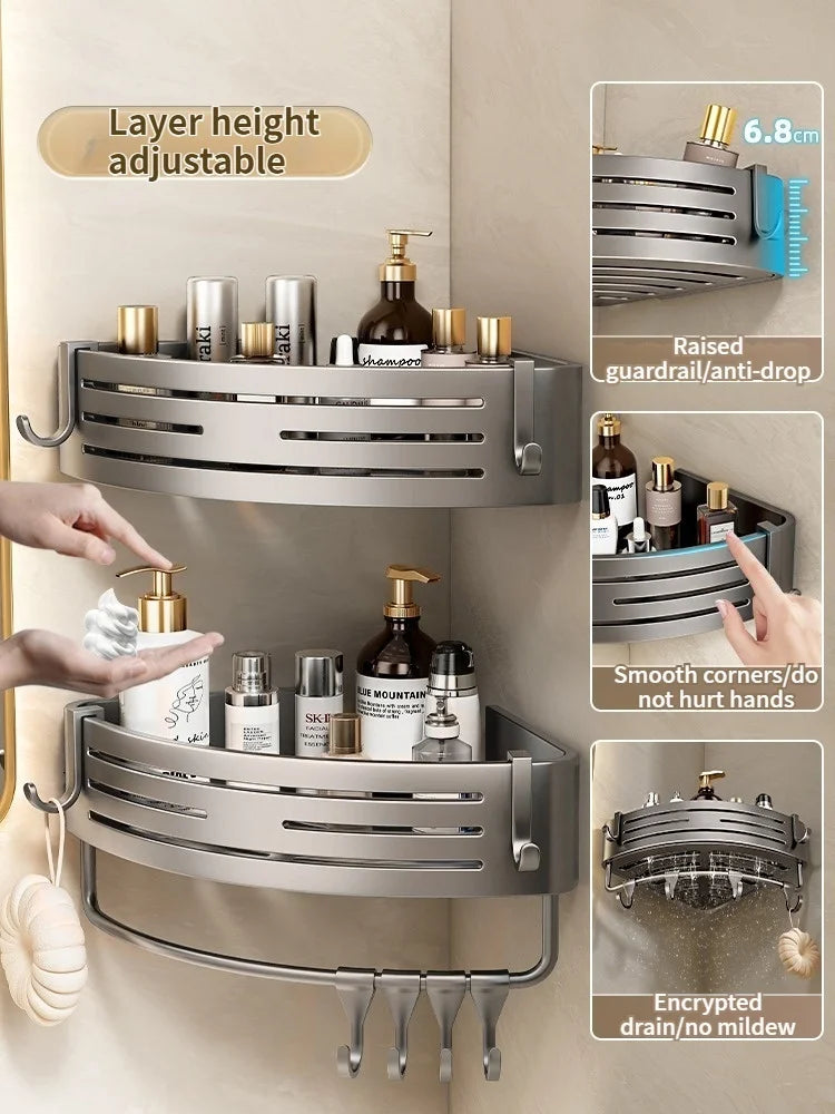 No Need To Drill Walls for Installation Aluminum Bathroom Shelf Shelves Shampoo Rack Storage Holder Kitchen Organizer Wall Rack