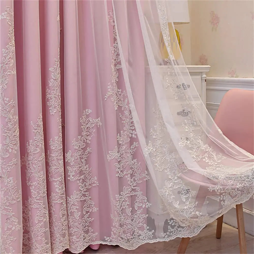 Luxury Beige Double Layer Embroidery Blackout Curtain for Bedroom Living Room European Delicate Sheer Plus Darkening Cloth Drape