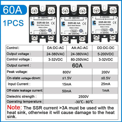 LCTC 1PCS SSR Solid State Relay DC To AC AC To AC DC To DC 10A 25A 40A 50A 60A 80A 100A Non-contact Relay 3-32VDC