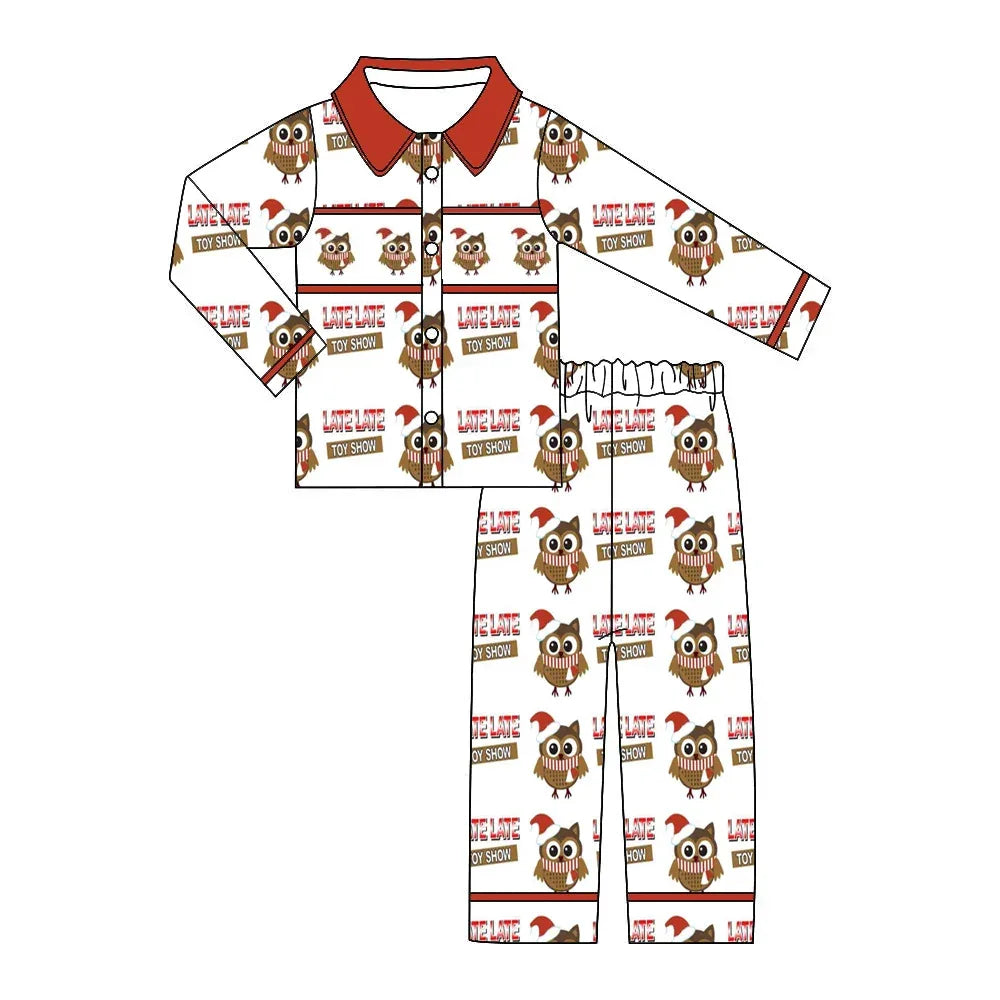 New Boutique children set Christmas lapel short-sleeved elastic cartoon letter print trouser girl boy long pajamas set baby robe