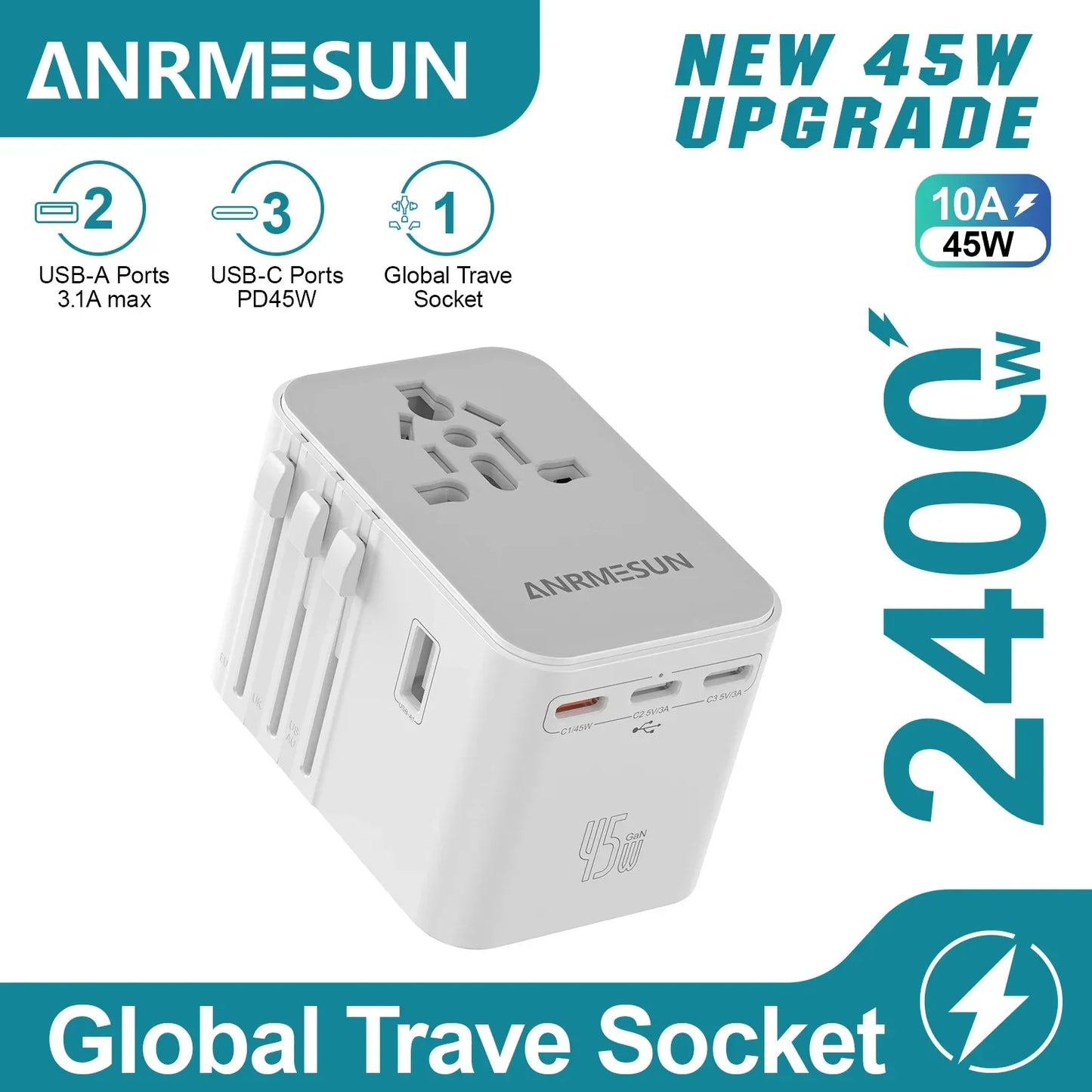 65W/45W/25W GaN Universal Travel Adapter with 2 USB 2 Type C Fast Charging All-in-one Travel Charger EU/UK/USA/AUS for Travel