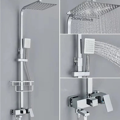 Chrome Brass Shower Faucet Set Rainfall Bathtub Tap With Bathroom Shelf 4 Function Height Adjust Shower Mixer Crane Fast Delivey