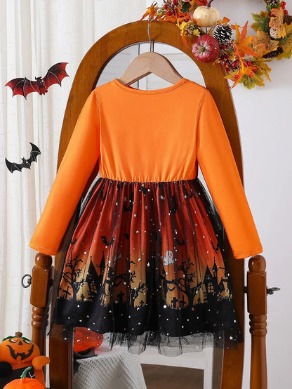 Prowow 2-8Y Kids Purple Halloween Dresses For Girls Long Sleeve Princess Mesh Spooky Spider Dress Children Halloween Costumes