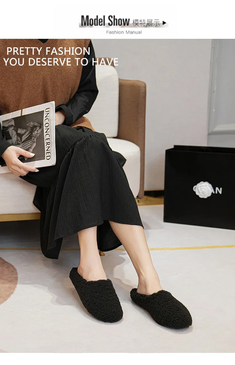 Big Size 43 Women Lambswool Slippers Winter Sheep Fur Shoes Ladies Flat Cotton Slides Home Pantuflas Daily Slip On Furry Mules